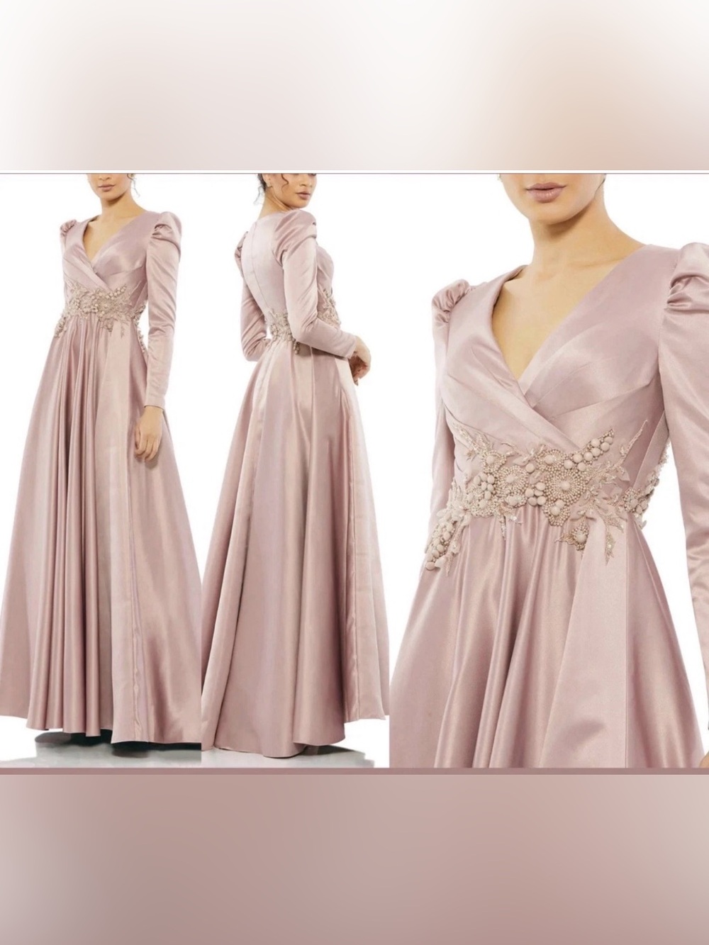 Mac Duggal Blush Pink Satin V-Neck Maxi Gown with Embellished Waist